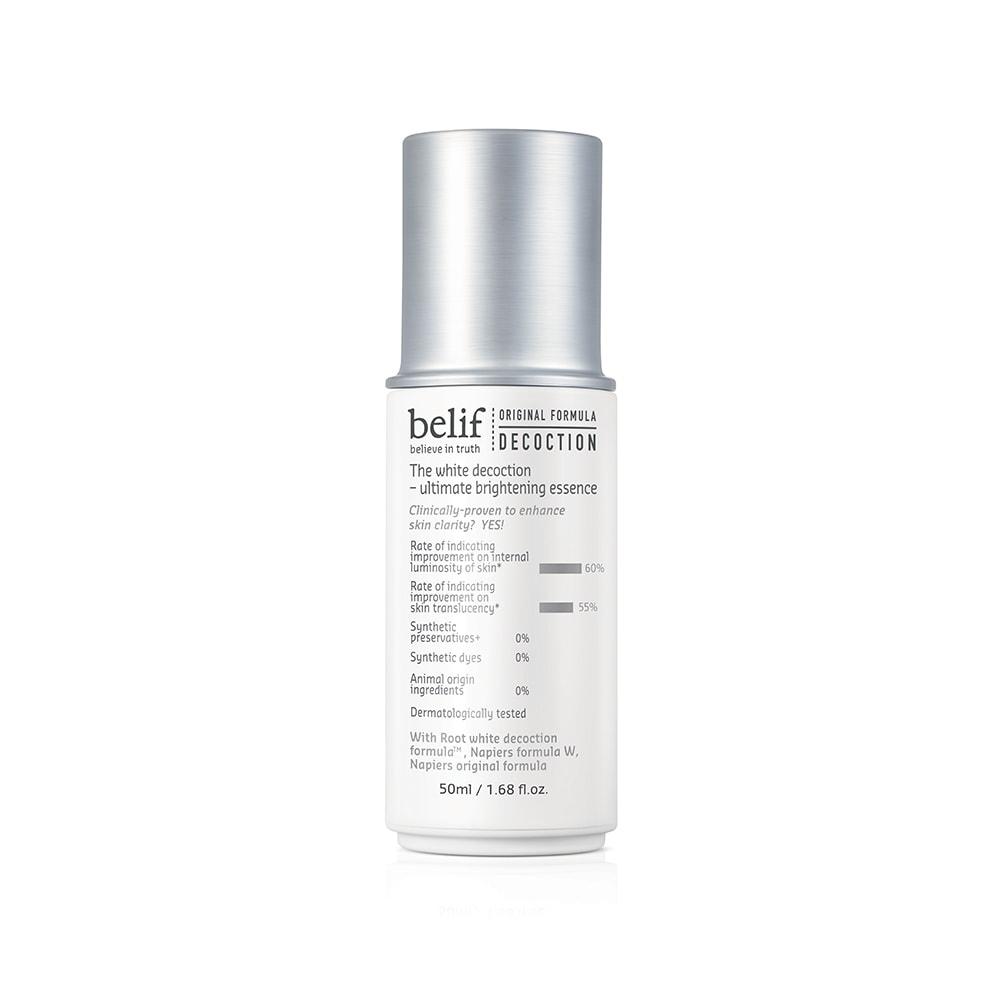 Skincare bottle with silver cap and white label on a white background AgelessBeauty3000.com belif | The White Decoction – Ultimate Brightening Essence