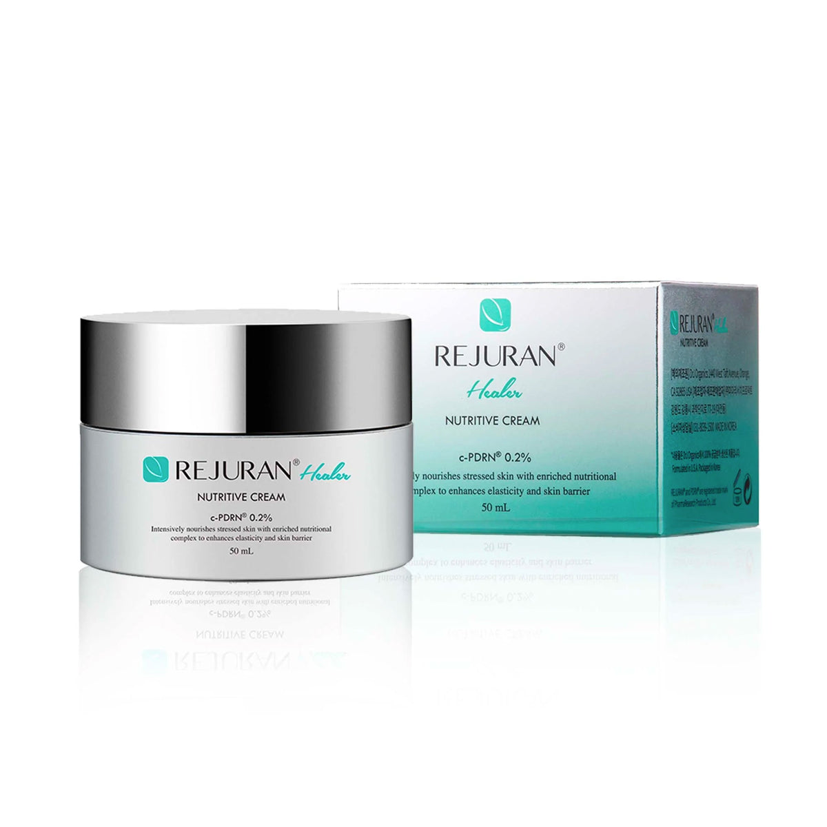 AgelessBeauty3000.oom Rejuran Healer Nutritive Cream jar and box on a white background