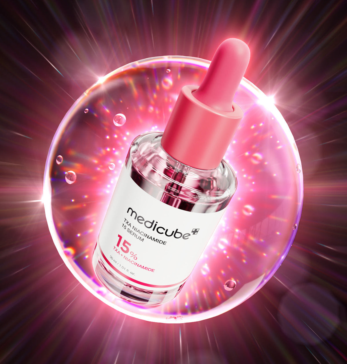 AgelessBeauty3000.com medicube | TXA Niacinamide 15% Serum Medicube serum bottle with pink dropper on a colorful, glowing background