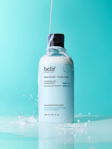 AgelessBeauty3000.com belif | Aqua Bomb Frozen Toner belif Aqua Bomb Frozen Toner bottle with water droplets on a teal background