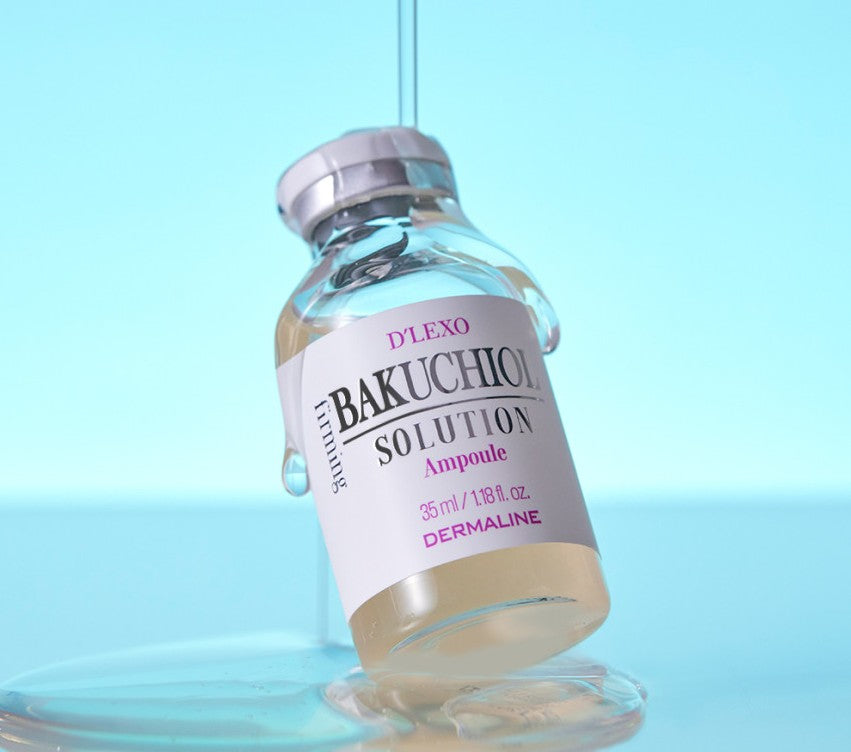 AgelessBeauty3000.com DERMALINE D'LEXO | Bakuchiol Firming Solution Ampoule Bottle labeled 'BAKUCHIO SOLUTION' on a reflective surface with a light blue gradient background
