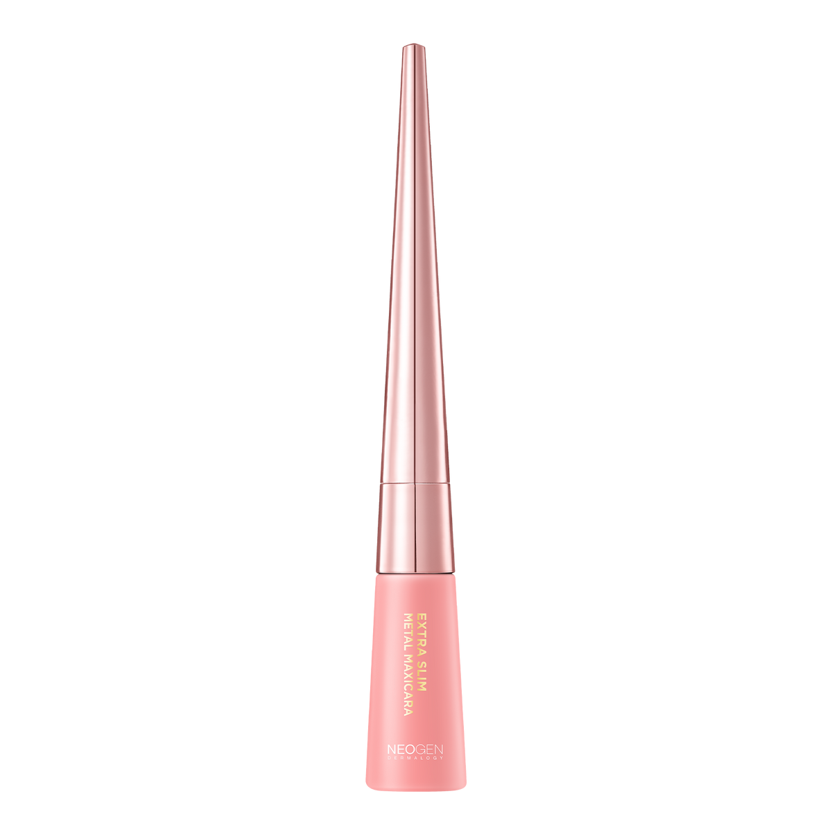 Rose gold makeup brush with black bristle tip on a white background  AgelessBeauty3000.com  NEOGEN DERMALOGY  |  Extra Slim Metal Maxicara BLACK