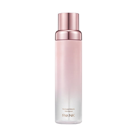 Skincare serum bottle with gradient design and rose gold cap on a white background  AgelessBeauty3000.com  Re:NK   |  RADIANCE VOLUME MIST SERUM