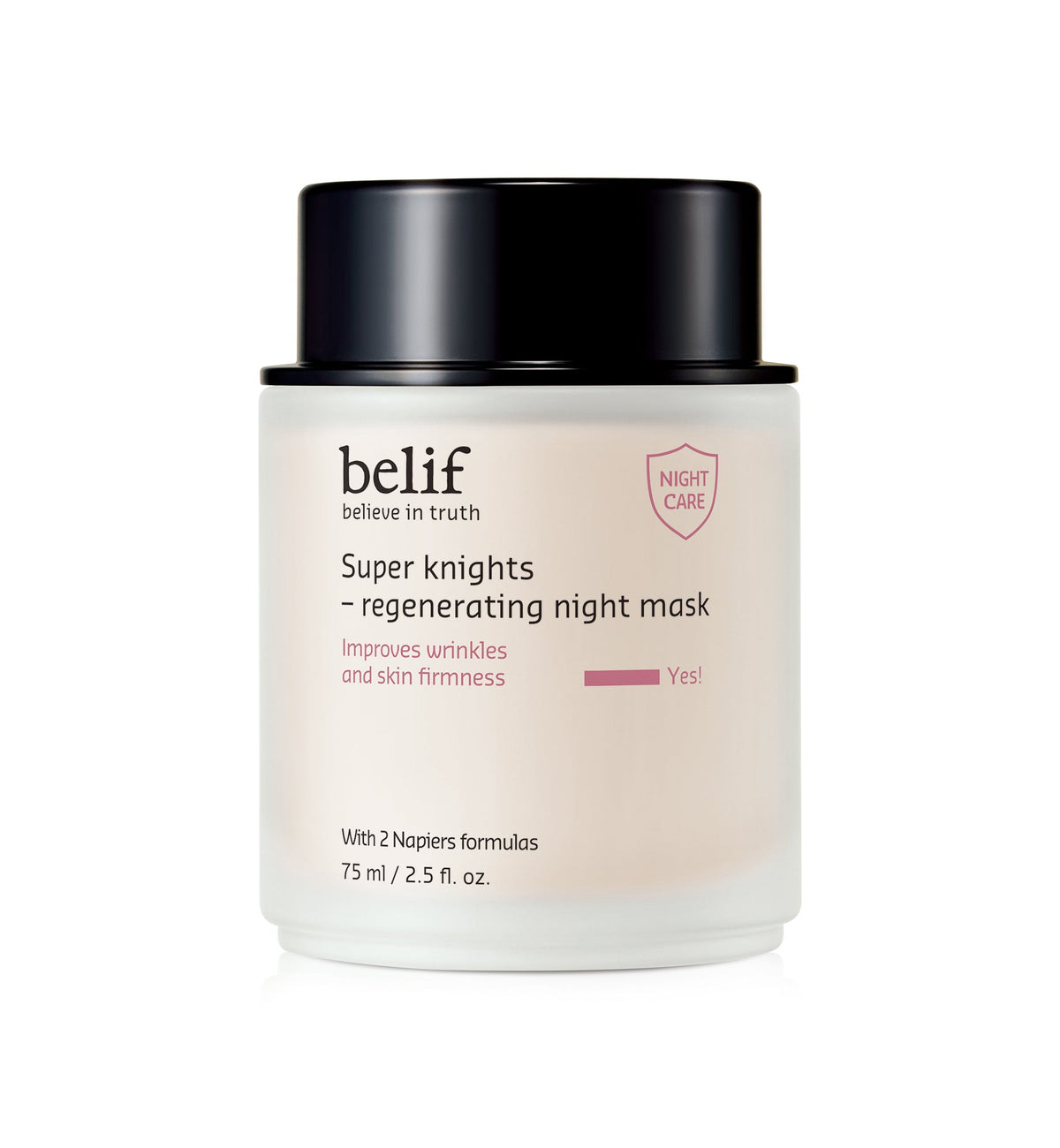 Belif Super Knights regenerating night mask jar on a white background  AgelessBeauty3000.com  belif  | Super Knights Regenerating Night Mask