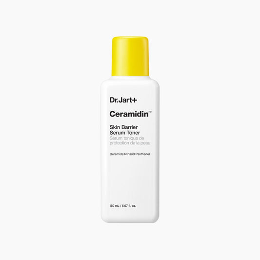 Dr. Jart+ Ceramidin Skin Barrier Serum Toner bottle with yellow cap on a white background  AgelessBeauty3000.com  Dr. Jart+  |   Ceramidin Skin Barrier Serum Toner