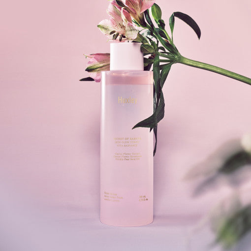 Huxley skincare bottle on a white background  AgelessBeauty3000.com   Huxley  |  Skin Glow Toner Vita Radiance