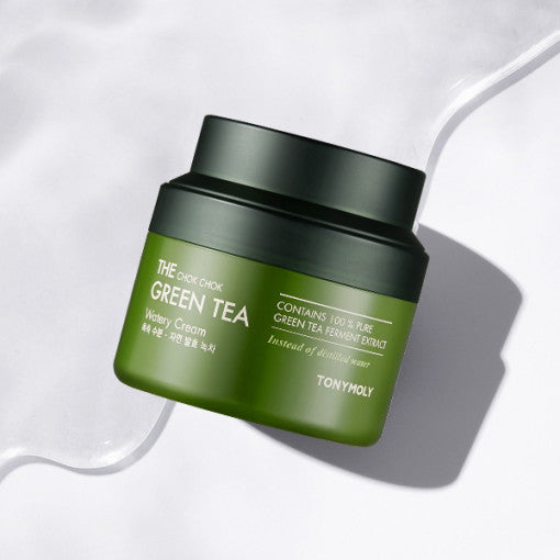 AgelessBeauty3000.com  TONYMOLY | THE CHOK CHOK Green Tea Watery Cream  Green jar of TONYMOLY Green Tea Watery Cream on a white background