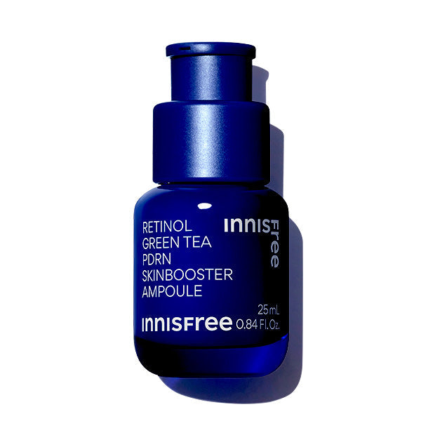 AgelessBeauty3000.com  INNISFREE |  Retinol Green Tea PDRN Skinbooster Ampoule  Blue skincare ampoule bottle with 'innisfree' branding on a white background