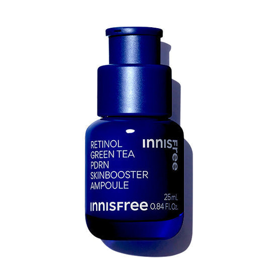 AgelessBeauty3000.com  INNISFREE |  Retinol Green Tea PDRN Skinbooster Ampoule  Blue skincare ampoule bottle with 'innisfree' branding on a white background