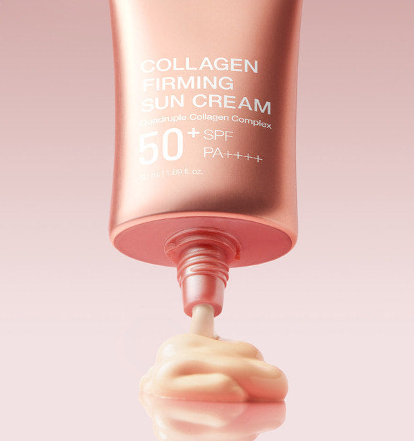 AgelessBeauty3000.com  medicube | Collagen Firming Sun Cream  Collagen firming sun cream with SPF 50+ on a pink background
