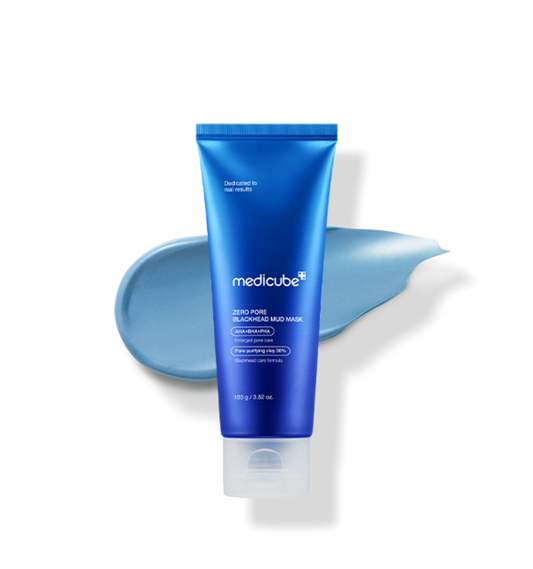 AgelessBeauty3000.com  medicube | Zero Pore Blackhead Mud Mask  Blue tube of Medicube product on a white background