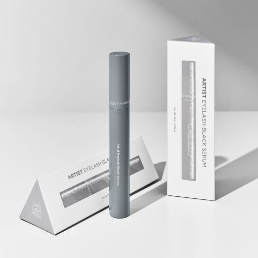 Two mascara tubes, one beige and one gray, on a white background.  AgelessBeauty3000.com  JUNGSAEMMOOL |   Artist Eyelash Serum