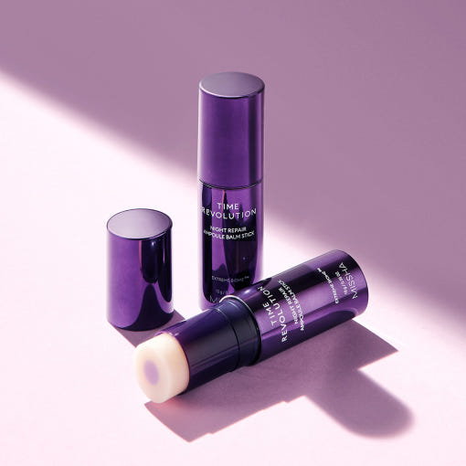 ThatKBeautyShop.com  MISSHA |Time Revolution Night Repair Ampoule Balm Stick  Two purple cosmetic balm sticks with 'Time Revolution' text on a light purple background