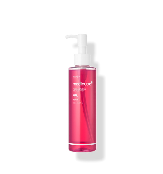 AgelessBeauty3000.com  medicube | PDRN Gel to Foam Cleanser Pink bottle with white pump labeled 'medicube' on a white background