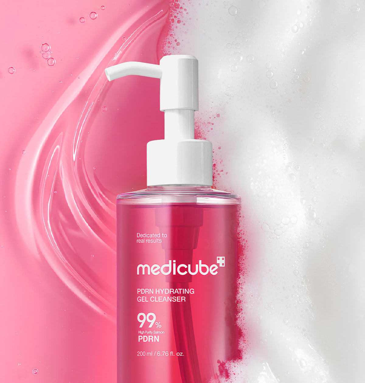 AgelessBeauty3000.com  medicube | PDRN Gel to Foam Cleanser  Pink bottle of Medicube gel cleanser with a white pump on a pink and white background