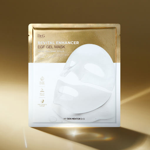 AgelessBeauty3000.com Dr.G Revital Enhancer EGF Gel Mask  Dr.G Revital Enhancer EGF Gel Mask packaging on a gold background