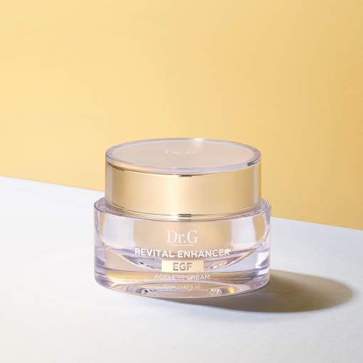 AgelessBeauty3000.com  Dr.G | Revital Enhancer EGF Ageless Cream    Dr.G Revital Enhancer EGF cream jar on a white surface with a yellow background