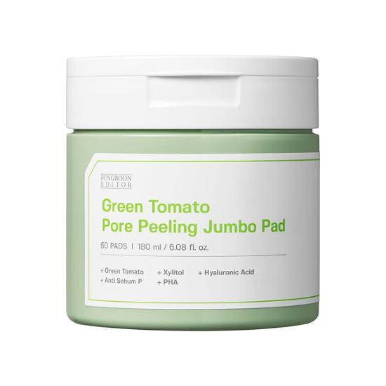 ThatKBeautyShop.com  SUNGBOON EDITOR | Green Tomato Pore Peeling Jumbo Pads   Green Tomato Pore Peeling Jumbo Pad container with white lid on a white background