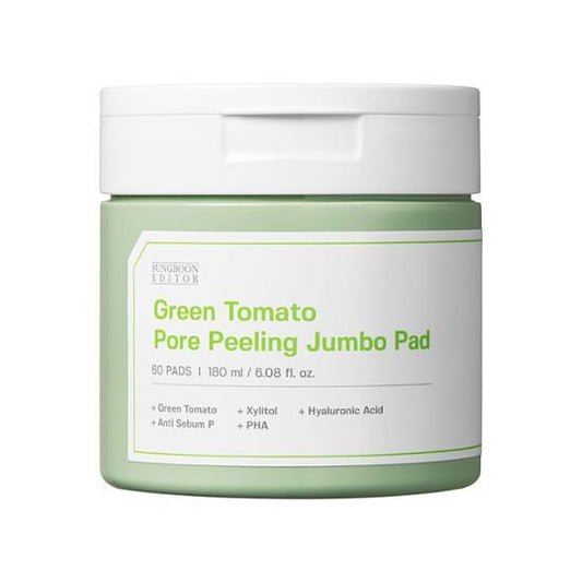 ThatKBeautyShop.com  SUNGBOON EDITOR | Green Tomato Pore Peeling Jumbo Pads   Green Tomato Pore Peeling Jumbo Pad container with white lid on a white background
