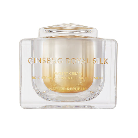 AgelessBeauty3000.com  NATURE REPUBLIC | Ginseng Royal Silk Watery Cream  Glass jar of Ginseng Royal Silk cream with gold text on a white background