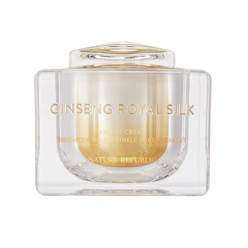 AgelessBeauty3000.com  NATURE REPUBLIC | Ginseng Royal Silk Watery Cream  Glass jar of Ginseng Royal Silk cream with gold text on a white background