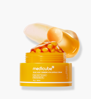AgelessBeauty3000.com medicube | Kojic Acid Turmeric Vita Capsule Cream Medicube cream with open cap on a white background