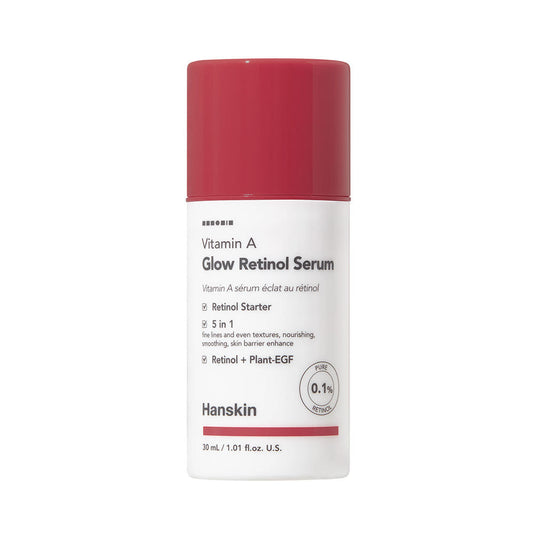 AgelessBeauty3000.com  Hanskin Vitamin A Glow Retinol Serum bottle with red cap on a white background