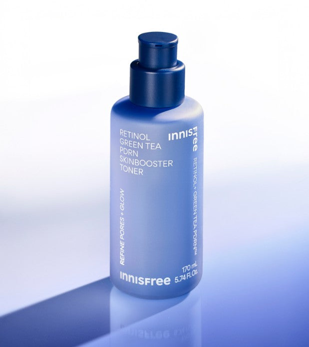 ThatKBeautyShop.com   Blue bottle of Innisfree toner on a gradient blue background