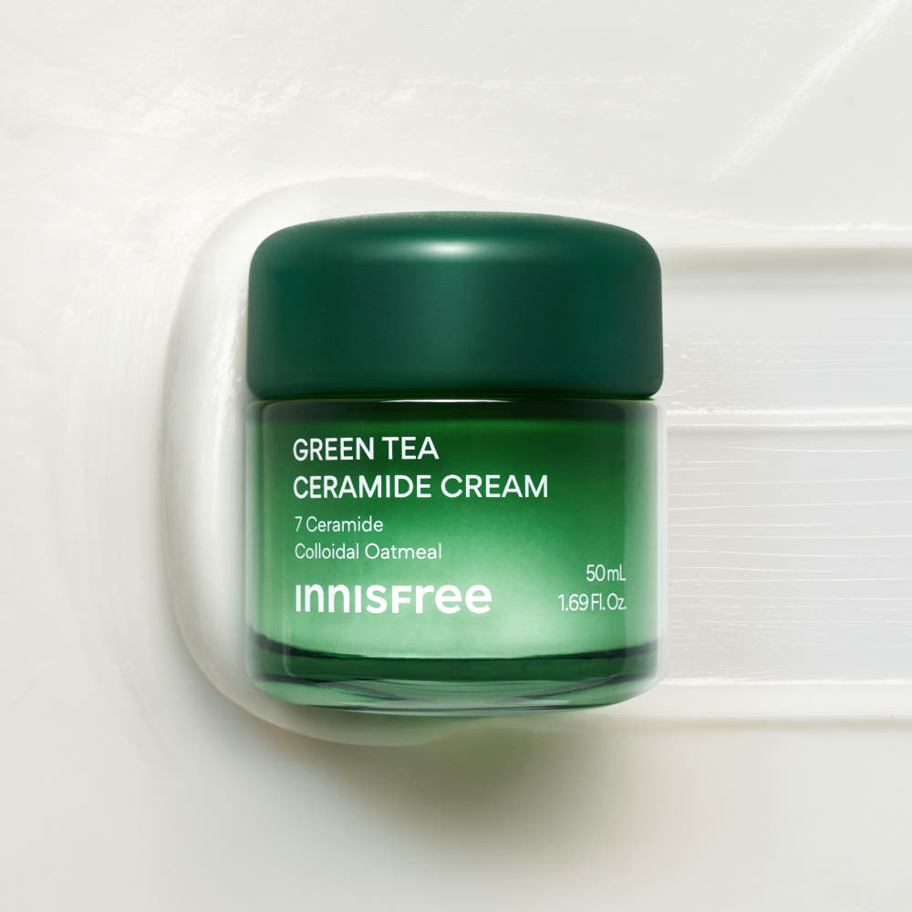 AgelessBeauty3000.com  innisfree | Green Tea Ceramide Cream   Green tea ceramide cream jar with Innisfree branding on a white background