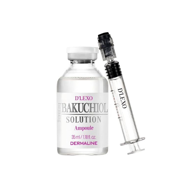 AgelessBeauty3000.com  DERMALINE D'LEXO | Bakuchiol Firming Solution Ampoule  Bakuchiol solution ampoule and syringe with D'Lexo branding on a white background