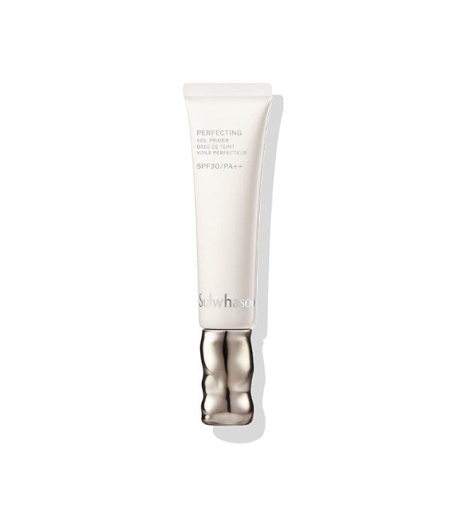 AgelessBeauty3000.com  Sulwhasoo | Perfecting Veil Primer SPF30 PA  Skincare tube with silver cap on a white background