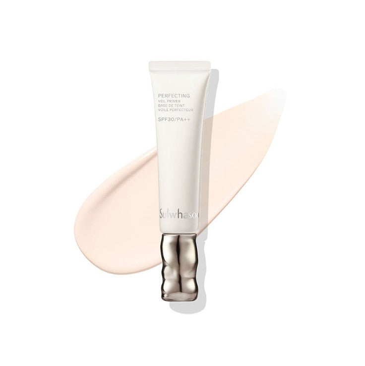 AgelessBeauty3000.com  Sulwhasoo | Perfecting Veil Primer SPF30 PA  Skincare product with a swatch on a white background