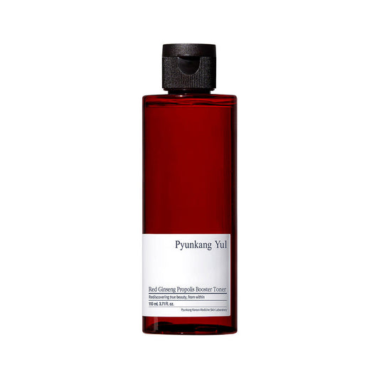 AgelessBeauty3000.com Pyunkang Yul | Red Ginseng Propolis Booster Toner
  Red bottle with black cap on a white background, featuring 'Pyunkang Yul' branding.