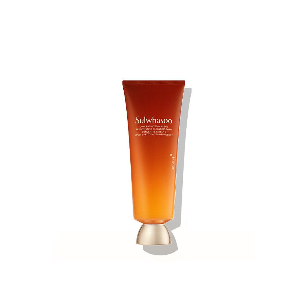 ThatKBeautyShop.com  Sulwhasoo | Ginseng Rejuvenating Cleansing Foam    Sulwhasoo Calming and Hydrating Facial Emulsion in a translucent orange tube with a metallic gold cap, set against a plain white background with a soft shadow.