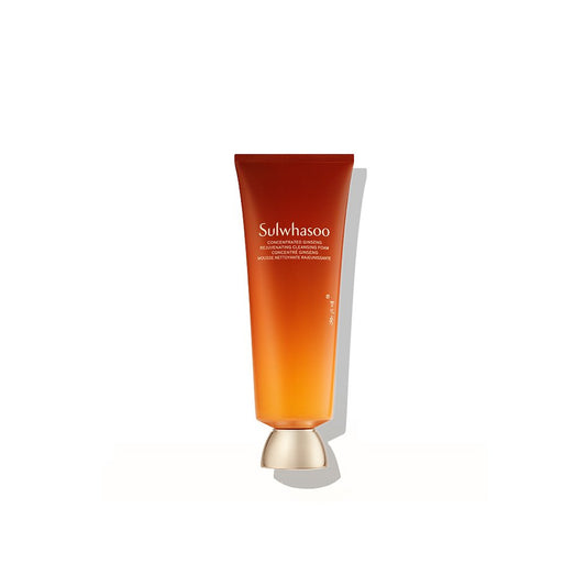 ThatKBeautyShop.com  Sulwhasoo | Ginseng Rejuvenating Cleansing Foam  Sulwhasoo Calming and Hydrating Facial Emulsion in a translucent orange tube with a metallic gold cap, set against a plain white background with a soft shadow.