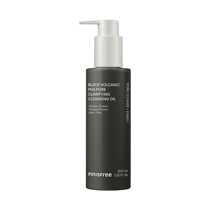 thatkbeautyshop.com   Innisfree Black VolcanicPHA-Pore Clarifying Cleansing Oil in a 200 mL matte black bottle with a white pump dispenser, shown on a plain white background.