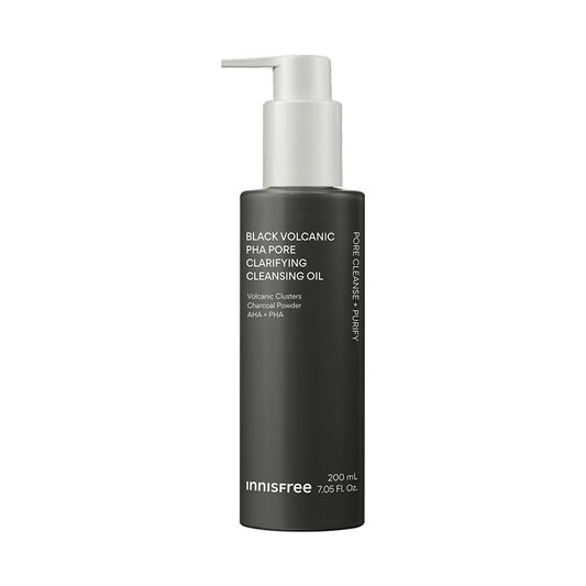 thatkbeautyshop.com   Innisfree Black VolcanicPHA-Pore Clarifying Cleansing Oil in a 200 mL matte black bottle with a white pump dispenser, shown on a plain white background.