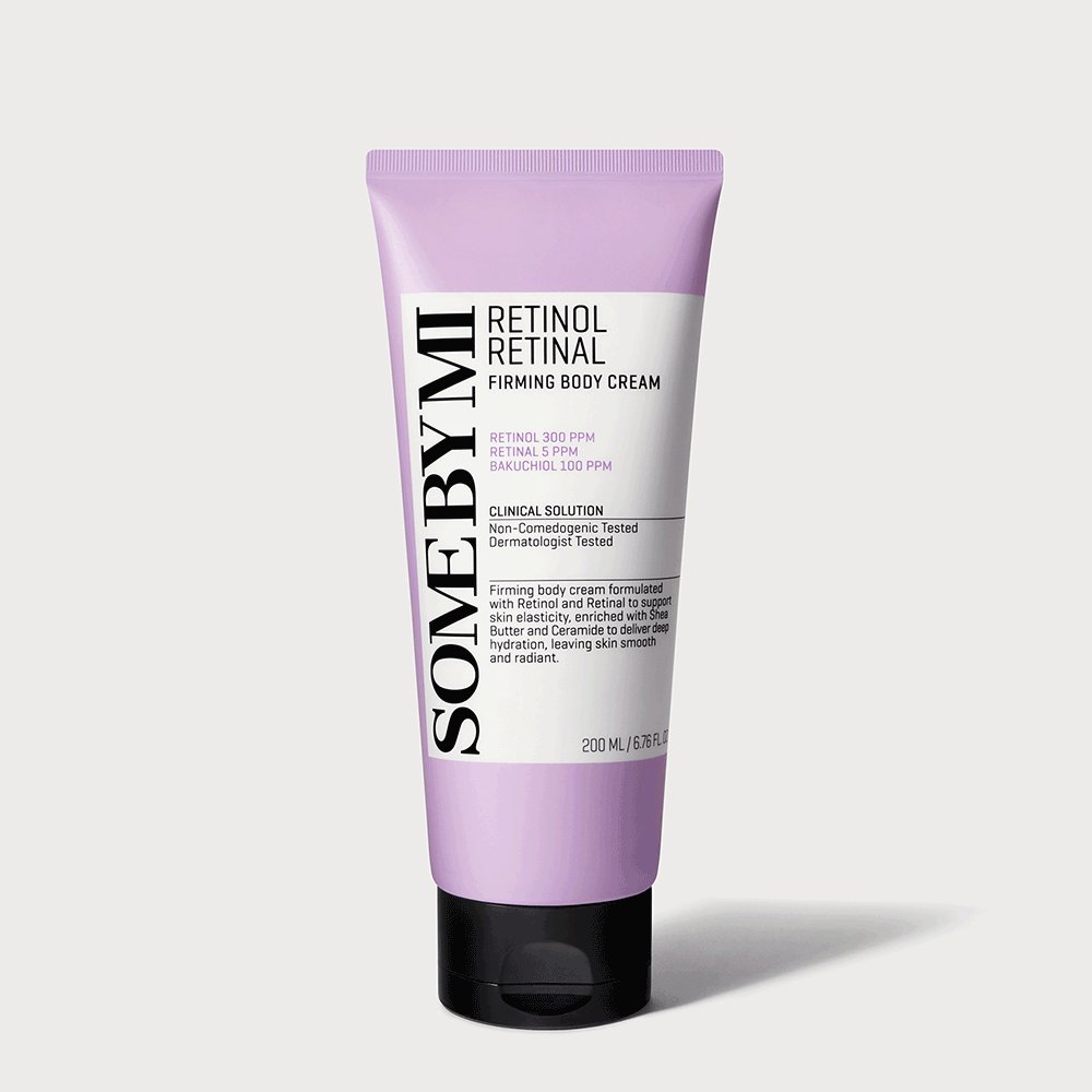 ThatKBeautyShop.com   SOME BY MI | Retinol Retinal Firming Body Cream  SOMEBYMI Retinol Retinol Firming Body Cream in a lavender squeeze tube with a black cap, shown on a light gray background.