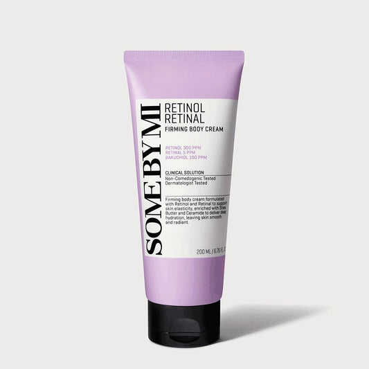 ThatKBeautyShop.com   SOME BY MI | Retinol Retinal Firming Body Cream  SOMEBYMI Retinol Retinol Firming Body Cream in a lavender squeeze tube with a black cap, shown on a light gray background.